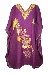 Boho Wine Floral Embroidery Caftan Resort Wear, Mid Length Cover up Dresses 2XL
