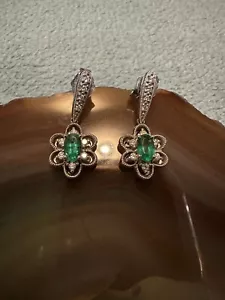 14k solid White gold Micro Pave emerald and diamond earrings - Picture 1 of 7