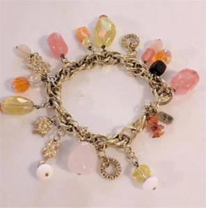 Bracelet Gold Tone Kalan USA Dangle Stones Quartz Glass Beads Stampings 8" Peach - Picture 1 of 3