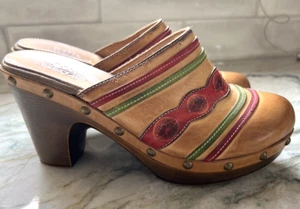 Spring Step Mules 6.5 Brown Leather Aztec Shoes Clog Slip On Casual Boho New 37 - Picture 1 of 8