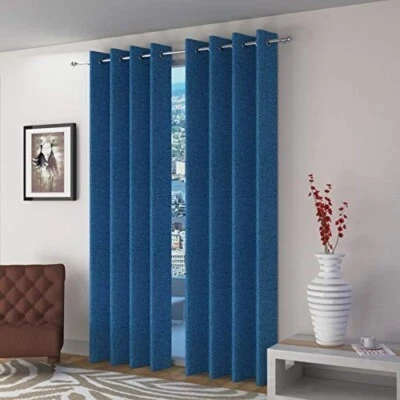 Pack Of 2 Pcs Jute Curtains for Door 7 Feet Long with Eyelet Ring Blue - Image 1 of 4