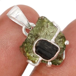Natural Genuine Czech Moldavite & Black Tourmaline 925 Silver Pendant CP72696 - Picture 1 of 1