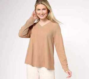 Denim & Co. Essentials Waffle Knit V-Neck Swing Top Dark Sandalwood M A619121 - Picture 1 of 2