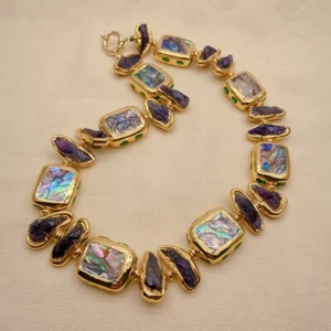 20" Rainbow Abalone Shell Crystal Pave Purple Amethyst Rough Choker Necklace - Picture 1 of 5