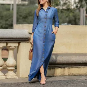 Abito lungo stile denim retrò maxi t-shirt vestito donna formale elegante camicia vestito - Foto 1 di 9