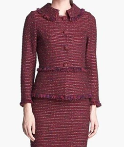 ST. JOHN 2PCS Tweed Knit Jacket Skirt Suit 14 12 Burgundy Fringe Grenadine Multi - Picture 1 of 19