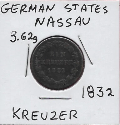 GERMAN STATES DUCHY OF NASSAU 1 KREUZER 1832 KING WILLIAM,CROWNED COAT OF ARMS O - Image 1 of 2