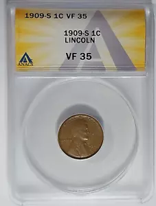 1909-S Semi-Key Lincoln Cent ANACS VF35 - Picture 1 of 6