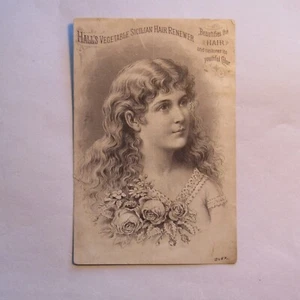 Renovador de cabello siciliano vegetal Hall's tarjeta comercial victoriana mujer flores - Imagen 1 de 2