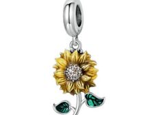 Sunflower dangle charm green leaf Sterling Silver Bracelet  S925 Christmas gift