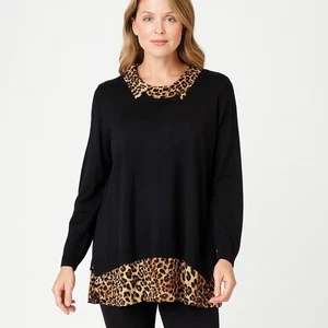 Adrianna Papell NEW  Tunic Sweater Twofer Women's 2X Black Sweater Leapard Print - Picture 1 of 18