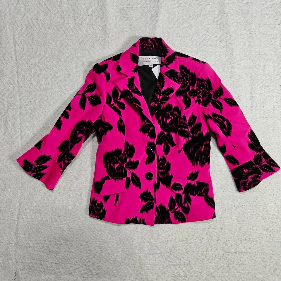 Jaqueta Trina Turk Rosa Preta Floral Botão Elástico Manga 3/4 Blazer Carreira Tamanho 10 - Imagem 1 de 4