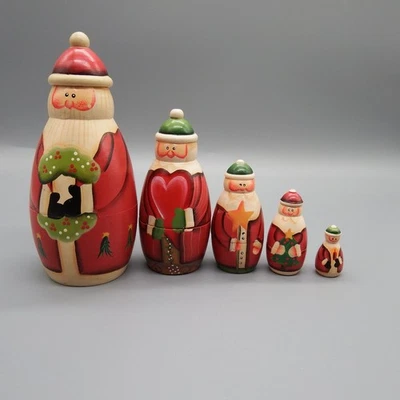 Set bambola nido in legno Babbo Natale 5 pezzi vintage  - Immagine 1 di 4