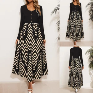 Womens Colorblock Print Maxi Dress Ladies Buttons Long Sleeve Formal Dresses 14 - Picture 1 of 12
