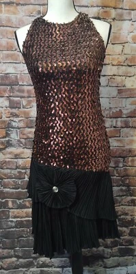 VESTIDO NEGRO VINTAGE AÑOS 80 CRAIG ADAMS INC FALDA CON VOLANTES LENTEJUELAS COBRE talla 5/6 Foto 1 de 4