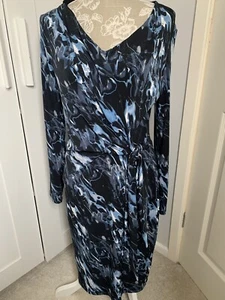 DAMSEL IN A DRESS SIZE 14 BLACK & BLUE MARBLE PRINT SILKY JERSEY RUCHED DRESS - Picture 1 of 12