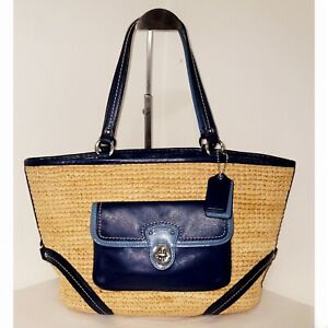 Coach Large Natural Straw BLUE Pocket Tote