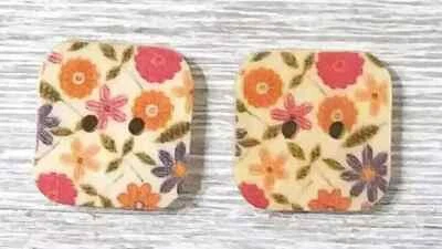 flower wood square sewing buttons 2 holes 1/2 inch purple peach 2pc - Image 1 of 2