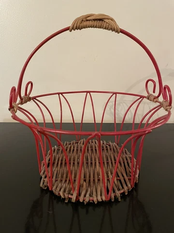 Red Metal Basket With Wicker Bottom Carry Holder Cover