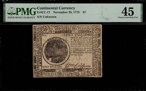 Continental Currency - CC-17 - November 29, 1775 $7 - Graded PMG 45 - Picture 1 of 3