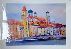 Passau Ansicht Kunstdruck auf Passepartk. Bernhard Gerner 50 X 70 cm Blau Gelb - Bild 1 von 8