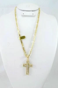 Sparkling GOLD Plated Cross HIP HOP PENDANT 24''CHAIN JEWELRY NECKLACE - Picture 1 of 3