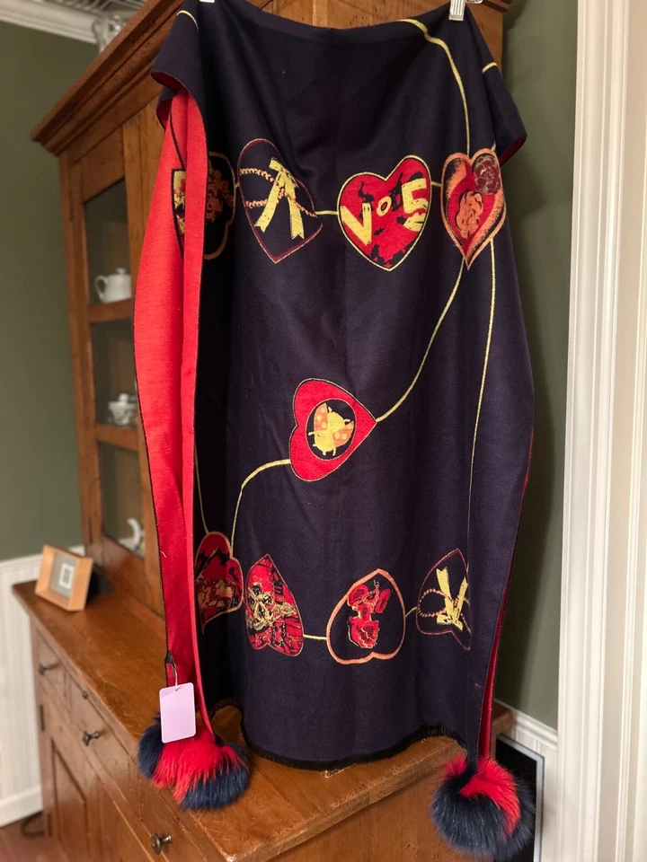 Dama Pájaro Piel de Zorro Pom-Pom Ribete Reversible Envolvente Chal Bufanda Rojo Azul Marino Cachemira Nuevo con Etiquetas Foto 1 de 4