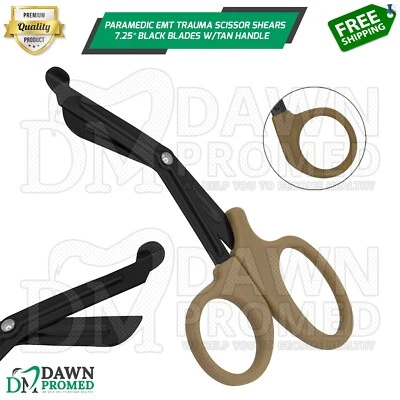 Paramedic EMT Trauma Scissor Shears 7.25″ Black Blades With Tan Handle German Gr - Image 1 of 4