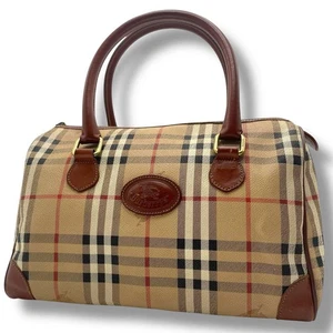BURBERRY Hand Bag Tote Purse Mini Boston Bag Nova Check PVC Leather Brown Beige - Picture 1 of 24