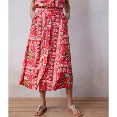 Falda midi floral mezcla de lino frontal con botones LC Lauren Conrad 2X rosa oscuro playera Foto 1 de 4