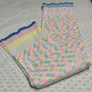 Crocheted Handmade Throw Blanket 68" x 63" Pink Blue Green Beige Warm Large - Picture 1 of 5