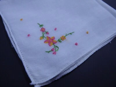 Pañuelo Vintage Damas Pañuelo Blanco Bordado Rosa Naranja Flores Floral Foto 1 de 4