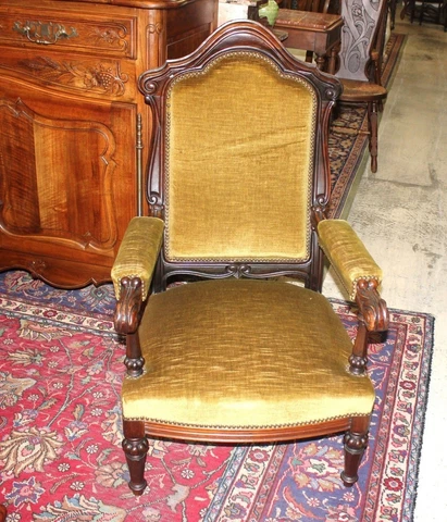 French Antique Gold Upholstered Victorian Living Room Parlor Armchair c.1880 Cover