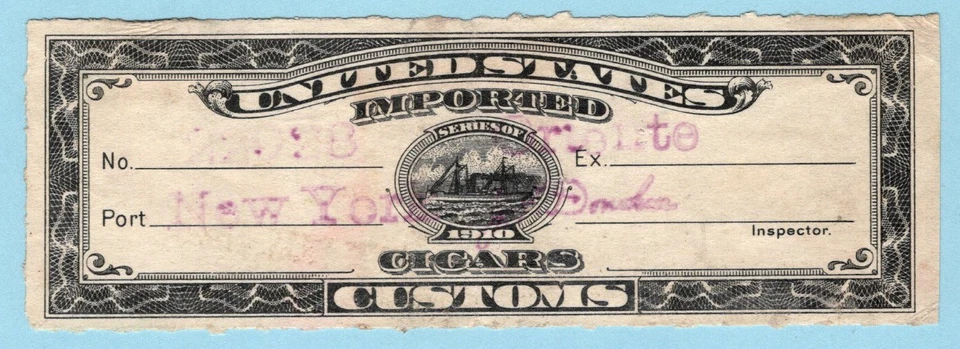 US Revenue Stamp 1910 IMPORTED CIGAR CUSTOMS NEW YORK STAMP US BOB INSPECTED - Image 1 of 1