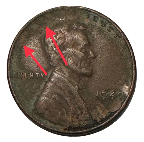 1949 One Wheat Cent Penny Struck Through Grease Error In God Missing Cover