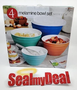 New Melamine 4 Piece Multicolor Serving Bowls Set Round Shape With Lids BPA FREE - Picture 1 of 3