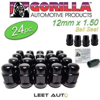 (24 piezas.) Tuercas negras Gorilla + cerraduras de rueda, asiento de bola Honda Acura, 12 mm x 1,50 Foto 1 de 4