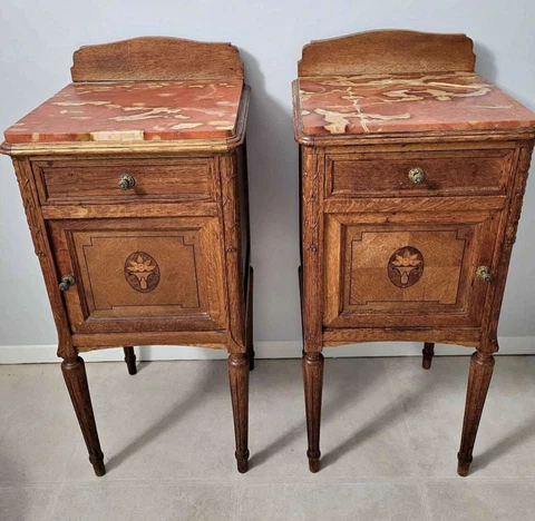 PAIR Fine FRENCH Walnut Inlaid Floral Basket Marble Top Night Stands Tables Cover