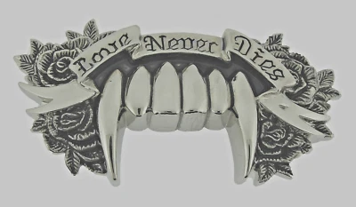 Fang Belt Buckle LOVE NEVER DIES Brushed Vintage Metal Rock Rebel New Men Women - Image 1 of 4