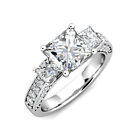 4.10 dwt Princess 3 Stone Moissanite & Round Diamond Engagement Ring 14k W Gold