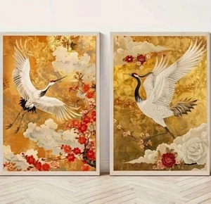 Art Canvas Set 2 Artistic Cranes and Red Plum Blossom Canvases. 16 x 24" each - Picture 1 of 2