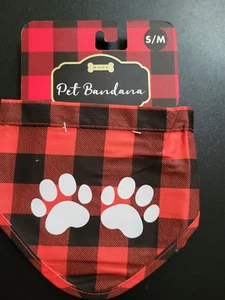 WOOF Pet Christmas Dog Cotton Pet Bandana Paw Prints Red Black Plaid S/M - Picture 1 of 3