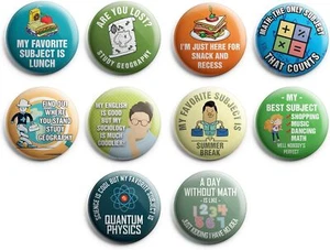 Funny School Subject Button Pins (1-Set X 10 Buttons) - Picture 1 of 9