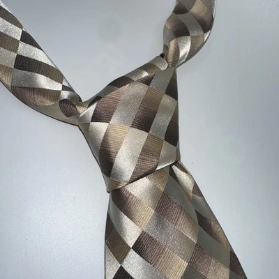 Renzo Pure Silk 手工领带棕褐色米色图案 — 第 1/4 张图片