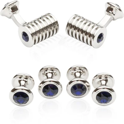 Men's Silver Blue Crystal Cufflinks and Studs Tuxedo Shirt Formal Set with Je... - Image 1 of 4