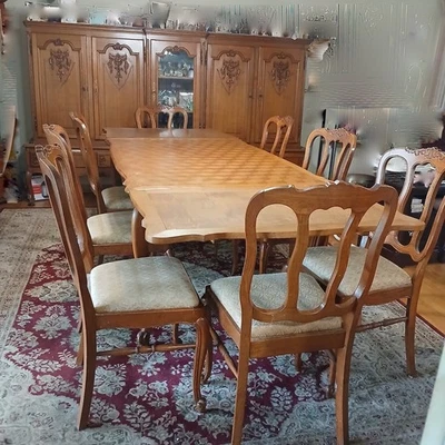 Wood Table Eight Chairs and Cabinet French Provencial Louis XV  - Image 1 of 4