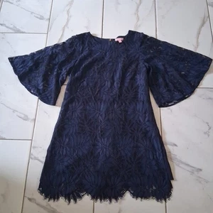 Lilly Pulitzer Navy Crochet Lace Romper Dress Overlay Beach Vibes Sz 10 A8 - Picture 1 of 13