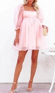 VICI Lovers Light Pink Puff Sleeves Organza Lace Trimmed Lined Babydoll Dress XL - Picture 1 of 21
