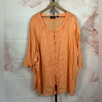 AVENUE boho artisan linen tunic top size 30 32 embroidered coastal button up - Image 1 of 4