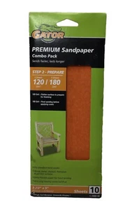 Gator 10-SHEETS PREMIUM SANDPAPER 120 & 180-Grit 3-2/3 x 9" Hand & Power Sanding - Picture 1 of 4